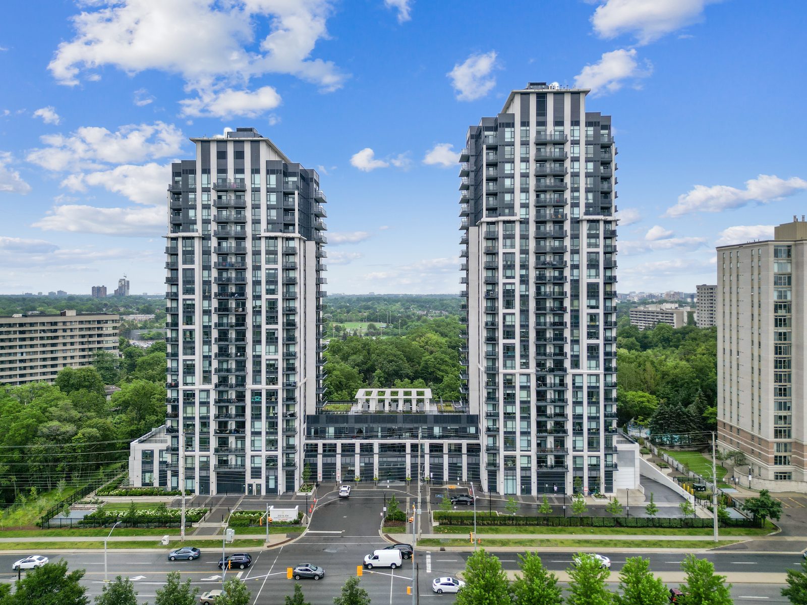 Aerial view of twin residential towers